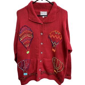Vintage Hand Loomed Peru‎ Cotton Salsa Hot Air Balloon Novelty Cardigan Size XL